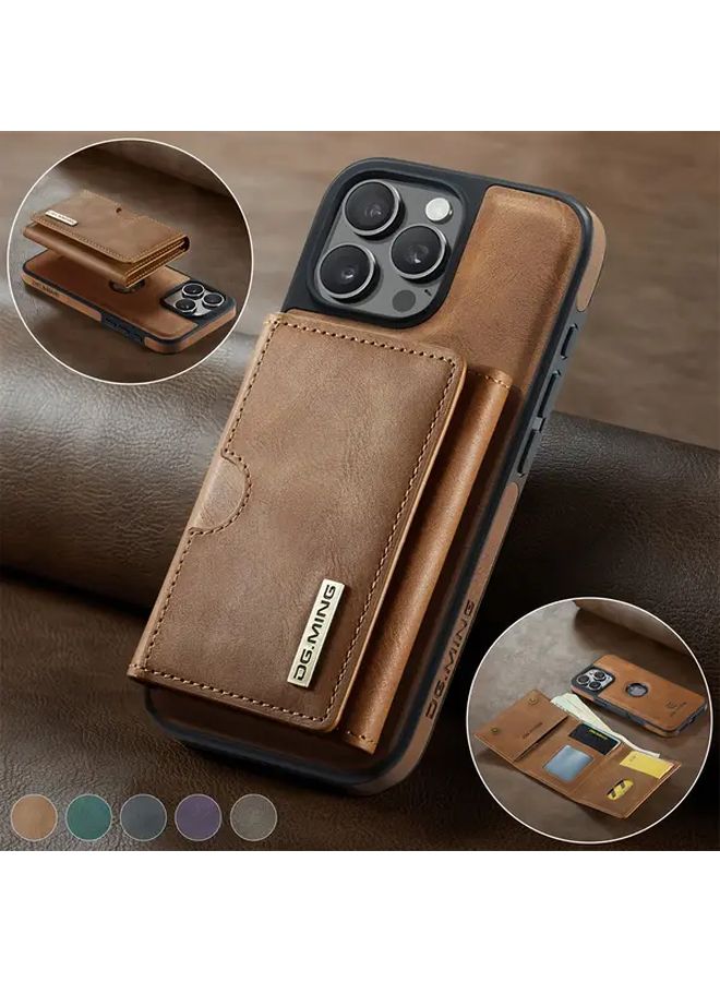 Dark Brown Magnetic Detachable Wallet Case For iPhone 16 Pro With Card Holder Kickstand - Image 1